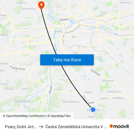 Psáry, Dolní Jirčany to Česká Zemědělská Univerzita V Praze map