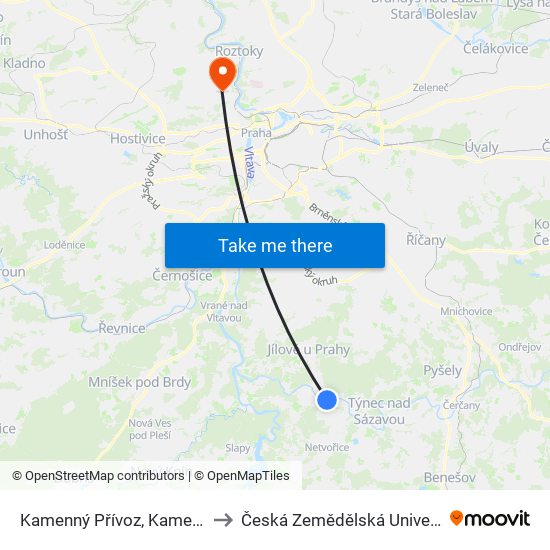 Kamenný Přívoz, Kamenný Újezdec to Česká Zemědělská Univerzita V Praze map