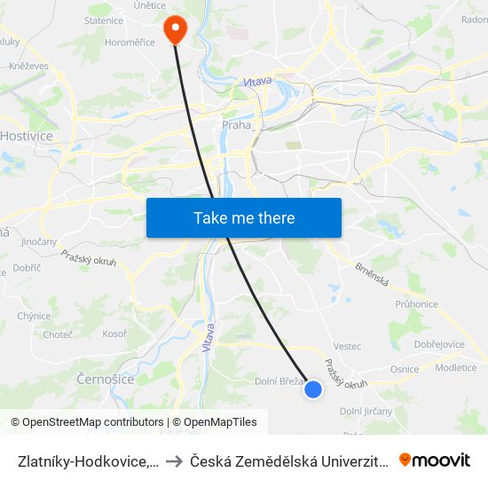 Zlatníky-Hodkovice, Náves (A) to Česká Zemědělská Univerzita V Praze map