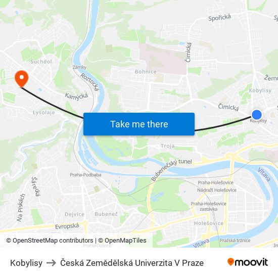 Kobylisy to Česká Zemědělská Univerzita V Praze map