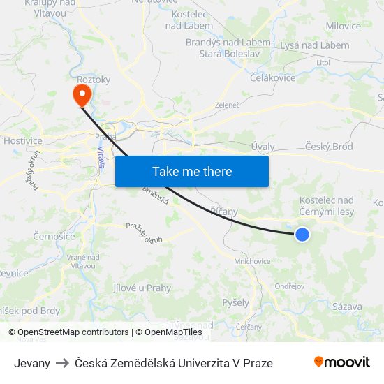 Jevany to Česká Zemědělská Univerzita V Praze map