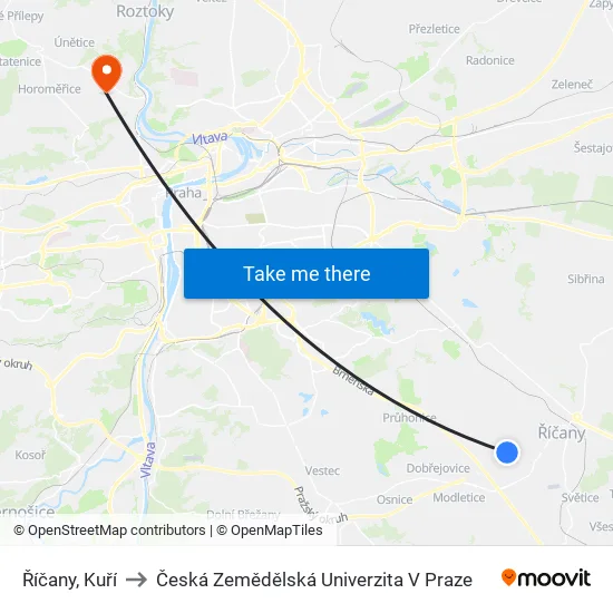 Říčany, Kuří to Česká Zemědělská Univerzita V Praze map