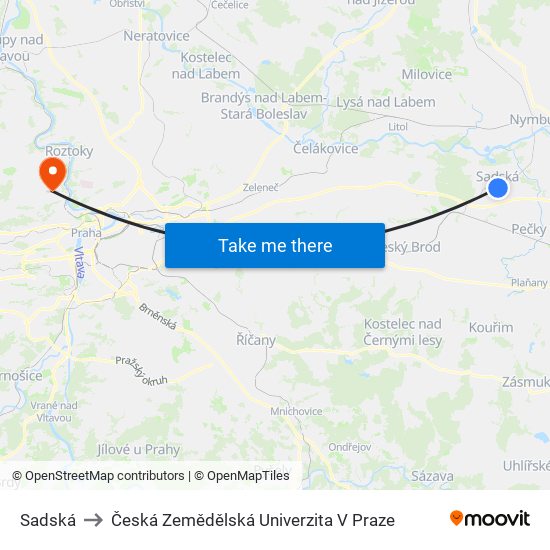 Sadská to Česká Zemědělská Univerzita V Praze map