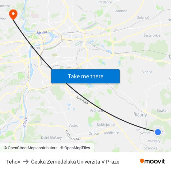 Tehov to Česká Zemědělská Univerzita V Praze map