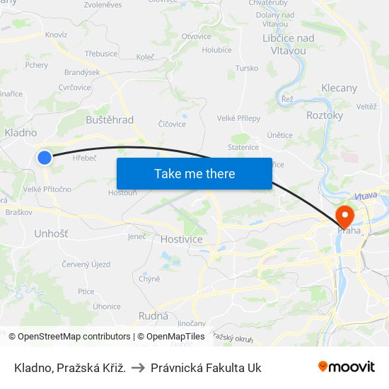 Kladno, Pražská Křiž. to Právnická Fakulta Uk map