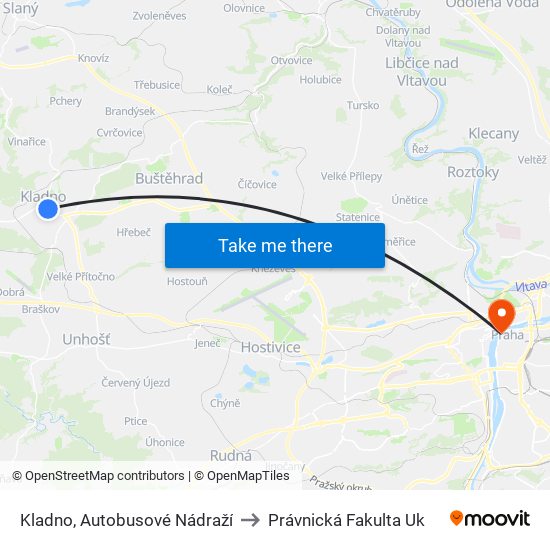 Kladno, Autobusové Nádraží to Právnická Fakulta Uk map