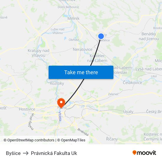 Byšice to Právnická Fakulta Uk map