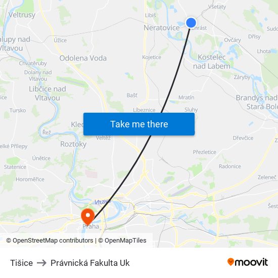 Tišice to Právnická Fakulta Uk map