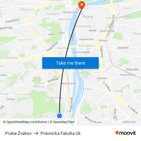 Praha-Žvahov to Právnická Fakulta Uk map