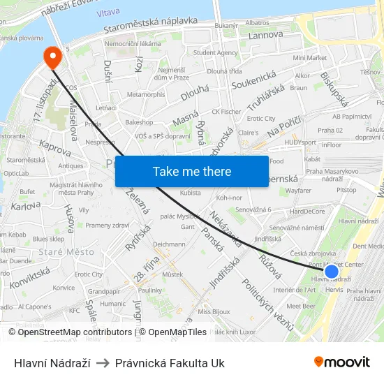 Hlavní Nádraží to Právnická Fakulta Uk map
