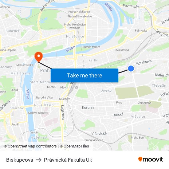 Biskupcova to Právnická Fakulta Uk map