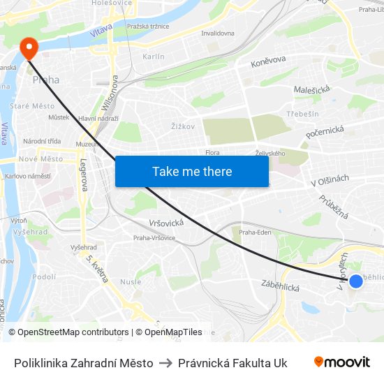 Poliklinika Zahradní Město to Právnická Fakulta Uk map