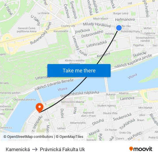 Kamenická (A) to Právnická Fakulta Uk map