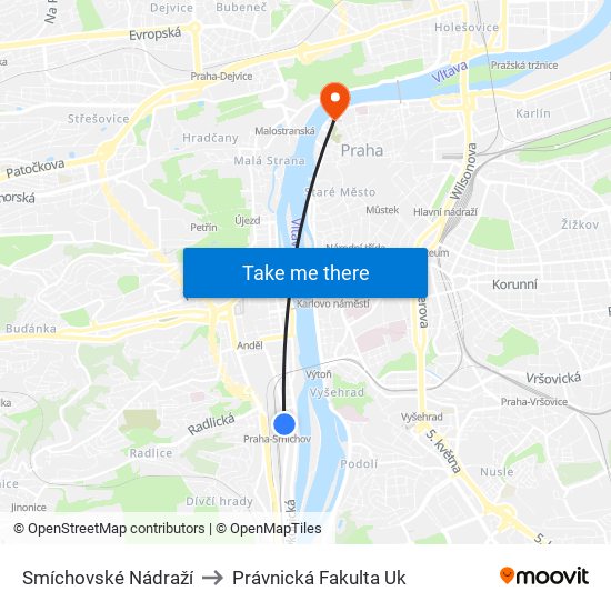 Smíchovské Nádraží (B) to Právnická Fakulta Uk map