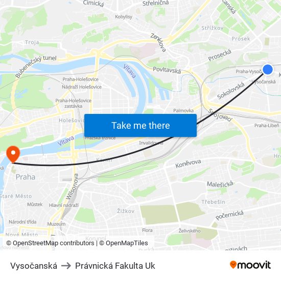 Vysočanská to Právnická Fakulta Uk map