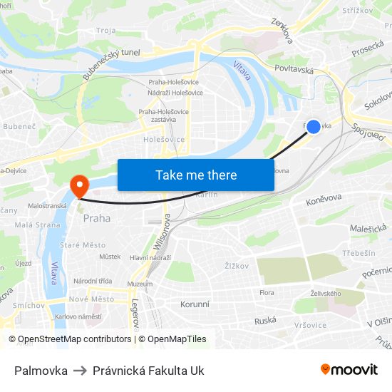 Palmovka to Právnická Fakulta Uk map