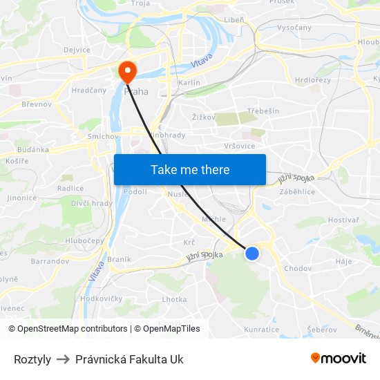 Roztyly (A) to Právnická Fakulta Uk map