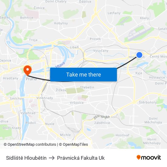 Sídliště Hloubětín to Právnická Fakulta Uk map