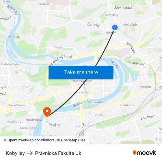 Kobylisy to Právnická Fakulta Uk map
