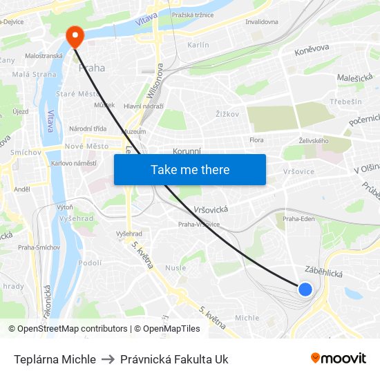 Teplárna Michle to Právnická Fakulta Uk map