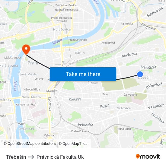 Třebešín to Právnická Fakulta Uk map