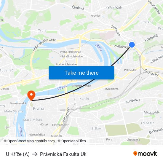 U Kříže (A) to Právnická Fakulta Uk map