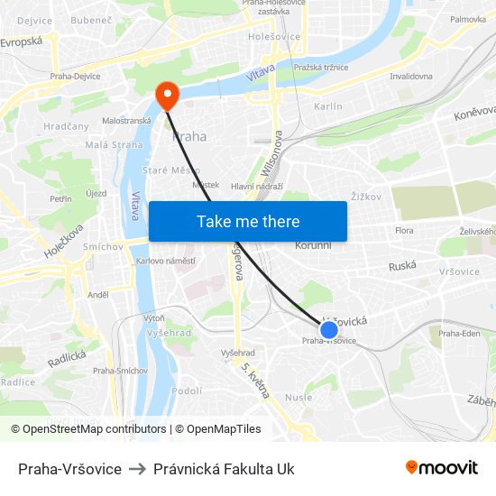 Praha-Vršovice to Právnická Fakulta Uk map