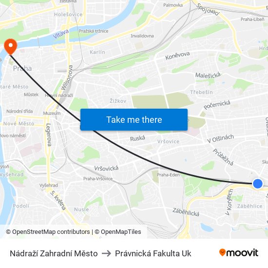 Nádraží Zahradní Město (A) to Právnická Fakulta Uk map