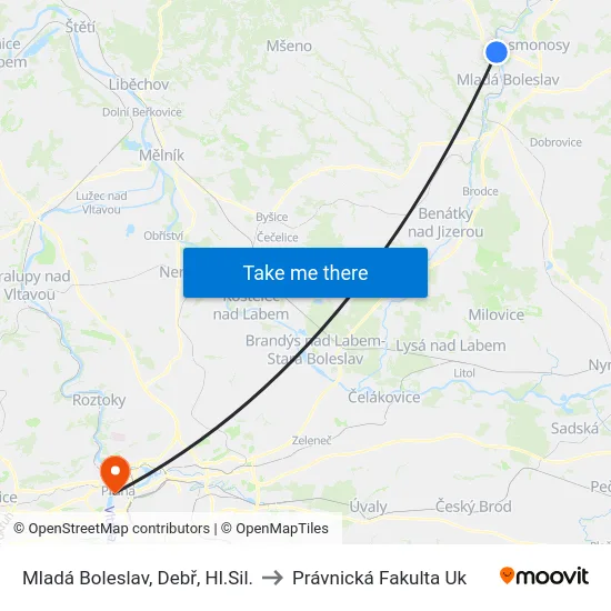 Mladá Boleslav, Debř, Hl.Sil. to Právnická Fakulta Uk map