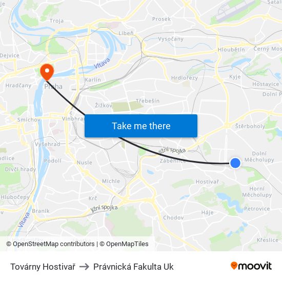 Továrny Hostivař to Právnická Fakulta Uk map