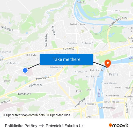 Poliklinika Petřiny to Právnická Fakulta Uk map