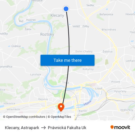 Klecany, Astrapark to Právnická Fakulta Uk map