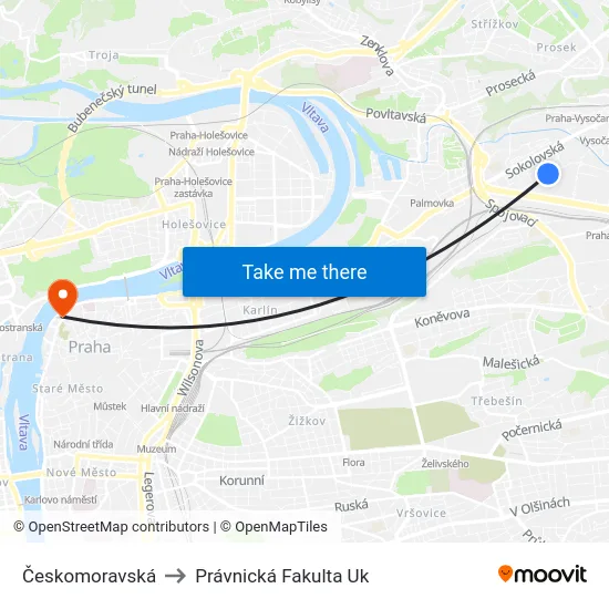 Českomoravská to Právnická Fakulta Uk map