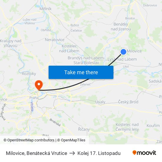 Milovice, Benátecká Vrutice to Kolej 17. Listopadu map