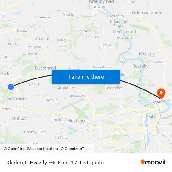 Kladno, U Hvězdy to Kolej 17. Listopadu map