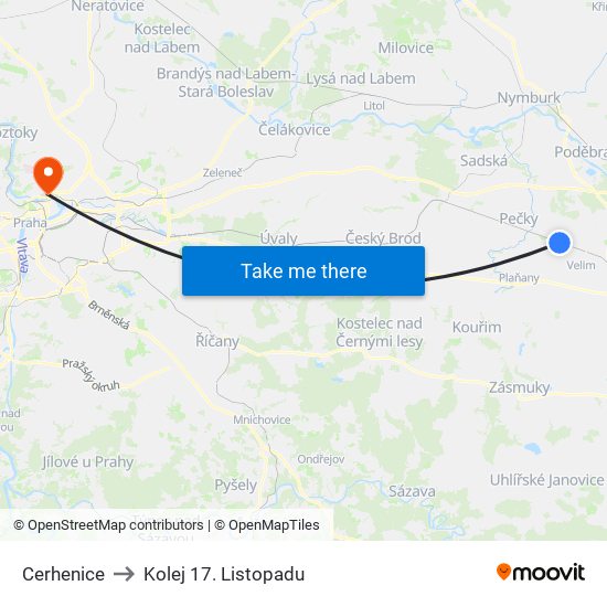 Cerhenice to Kolej 17. Listopadu map