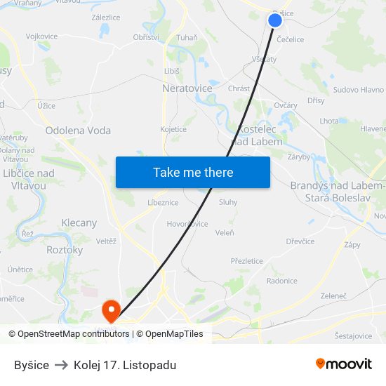 Byšice to Kolej 17. Listopadu map