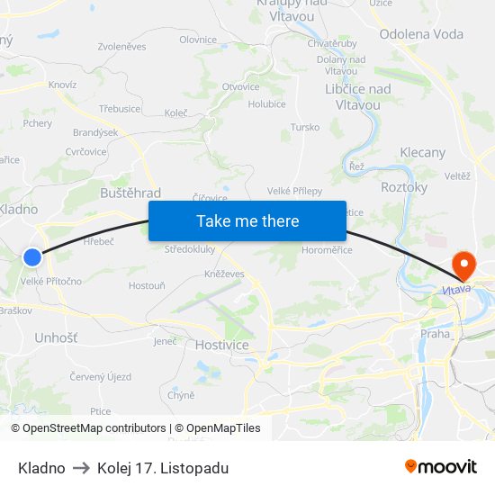 Kladno to Kolej 17. Listopadu map