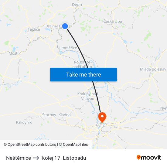 Neštěmice to Kolej 17. Listopadu map