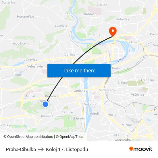 Praha-Cibulka to Kolej 17. Listopadu map