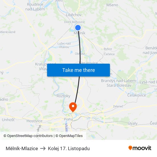 Mělník-Mlazice to Kolej 17. Listopadu map