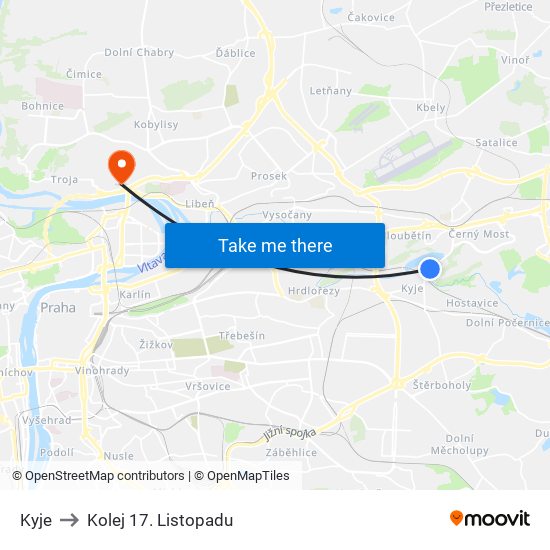 Kyje (B) to Kolej 17. Listopadu map