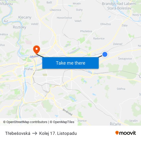 Třebešovská to Kolej 17. Listopadu map