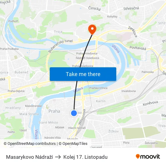 Masarykovo Nádraží to Kolej 17. Listopadu map