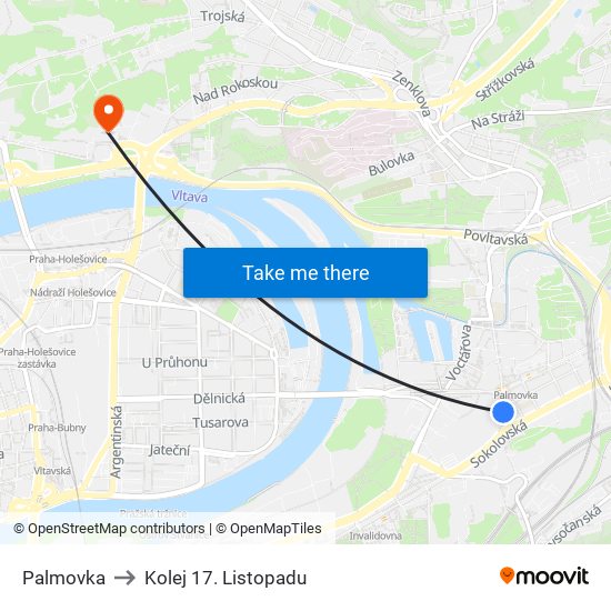 Palmovka to Kolej 17. Listopadu map