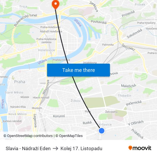 Slavia - Nádraží Eden to Kolej 17. Listopadu map