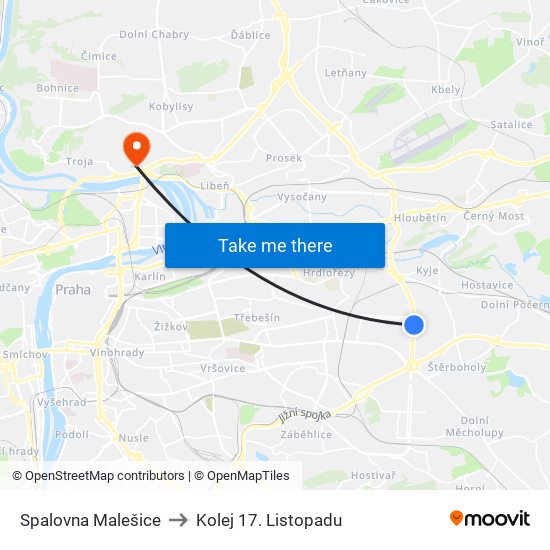 Spalovna Malešice (B) to Kolej 17. Listopadu map