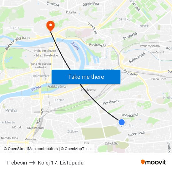 Třebešín (B) to Kolej 17. Listopadu map