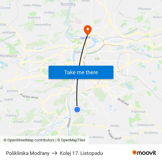 Poliklinika Modřany to Kolej 17. Listopadu map