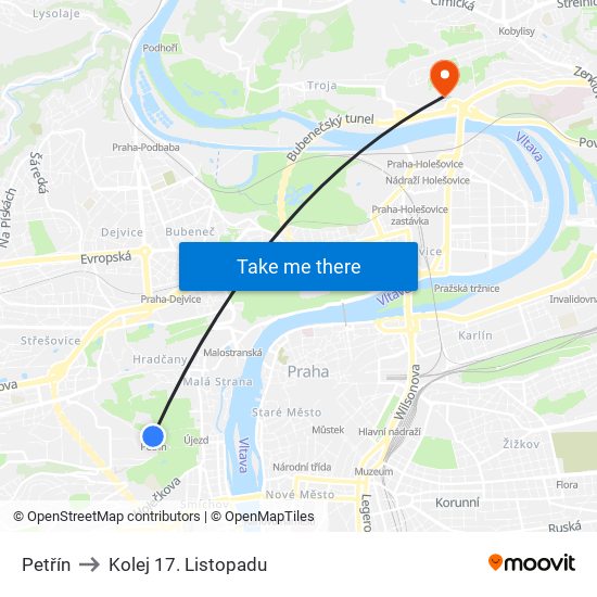 Petřín to Kolej 17. Listopadu map